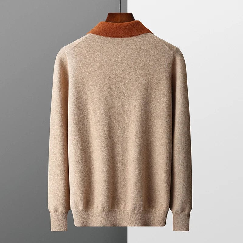 Men’s cashmere sweater with zip collar, chest pocket, and ribbed cuffs.