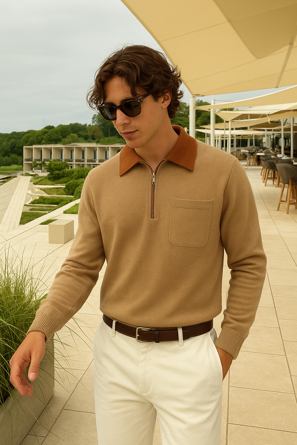Men’s cashmere sweater with zip collar, chest pocket, and ribbed cuffs.