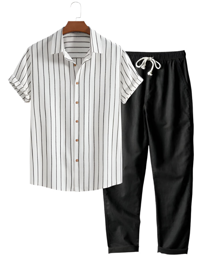 Men’s striped short-sleeve shirt and relaxed drawstring pant set.