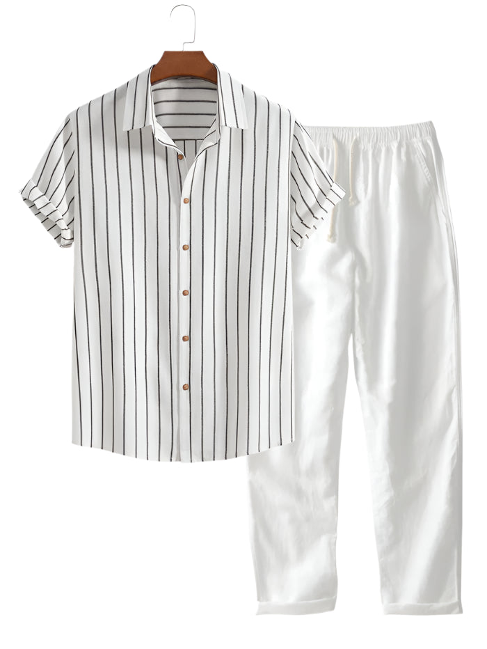Men’s striped short-sleeve shirt and relaxed drawstring pant set.