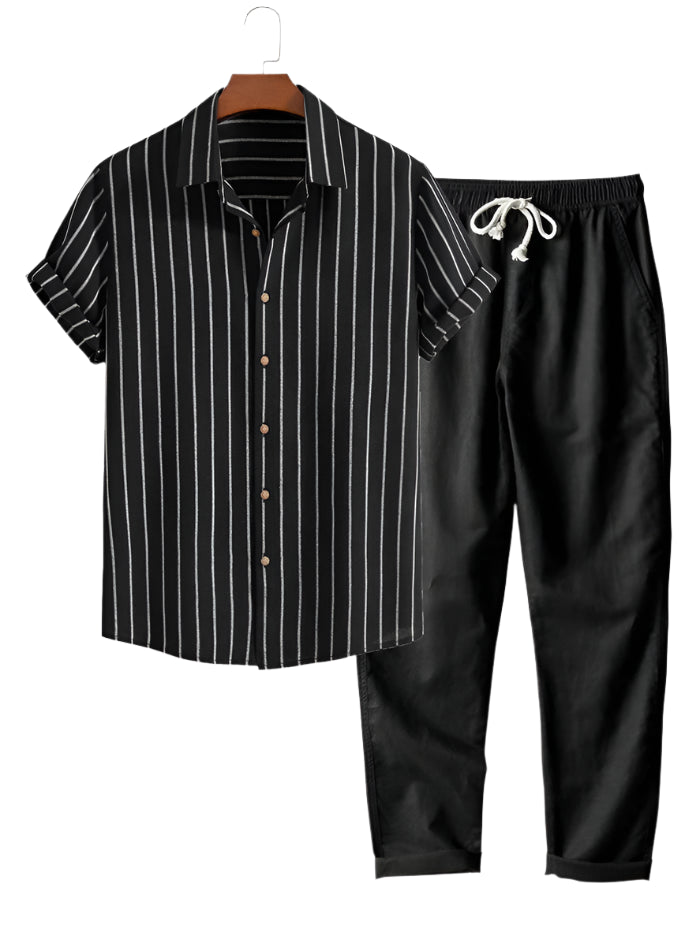 Men’s striped short-sleeve shirt and relaxed drawstring pant set.