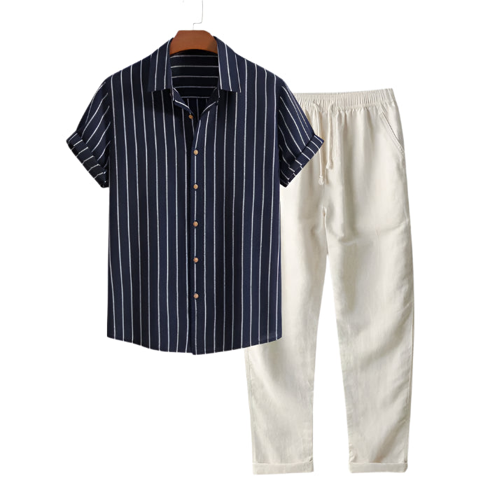 Men’s striped short-sleeve shirt and relaxed drawstring pant set.
