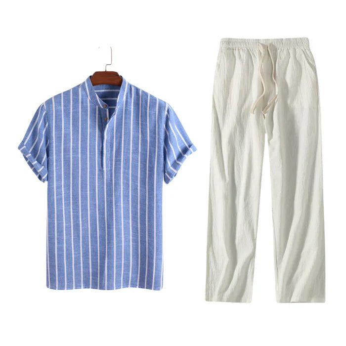 Men’s striped linen shirt and relaxed drawstring pants set.