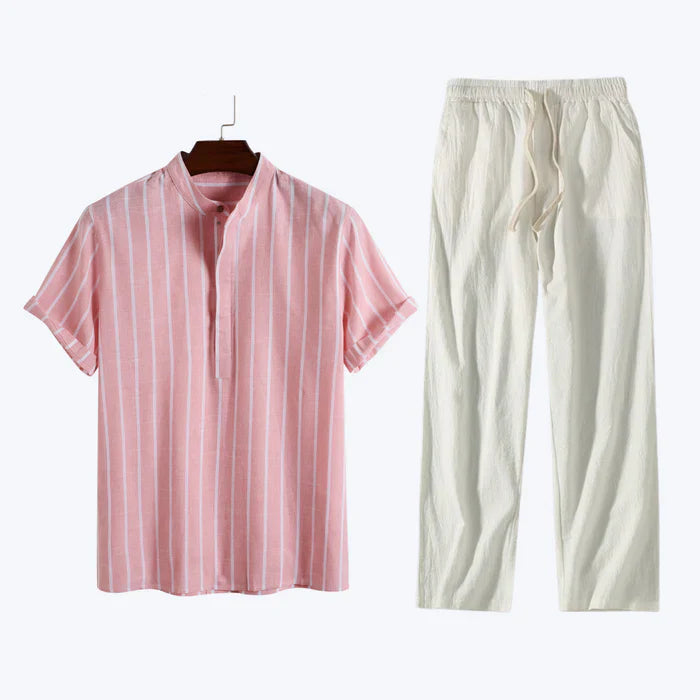 Men’s striped linen shirt and relaxed drawstring pants set.