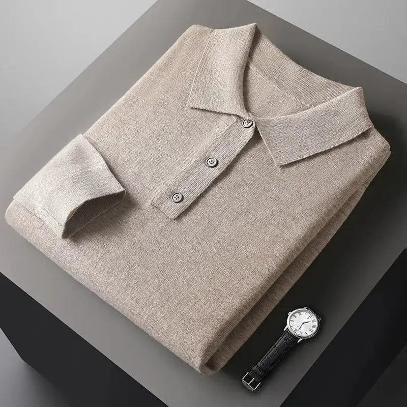 Men’s long sleeve cashmere polo shirt with buttoned cuffs and spread collar.