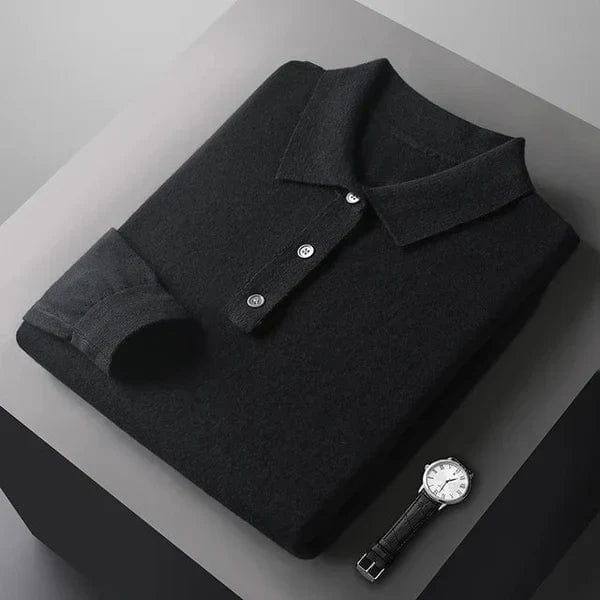 Men’s long sleeve cashmere polo shirt with buttoned cuffs and spread collar.