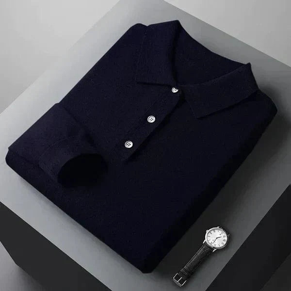 Men’s long sleeve cashmere polo shirt with buttoned cuffs and spread collar.