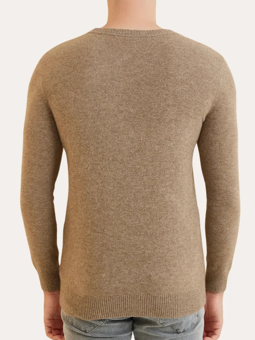 Men’s cashmere sweater with ribbed neckline, cuffs, and hem.