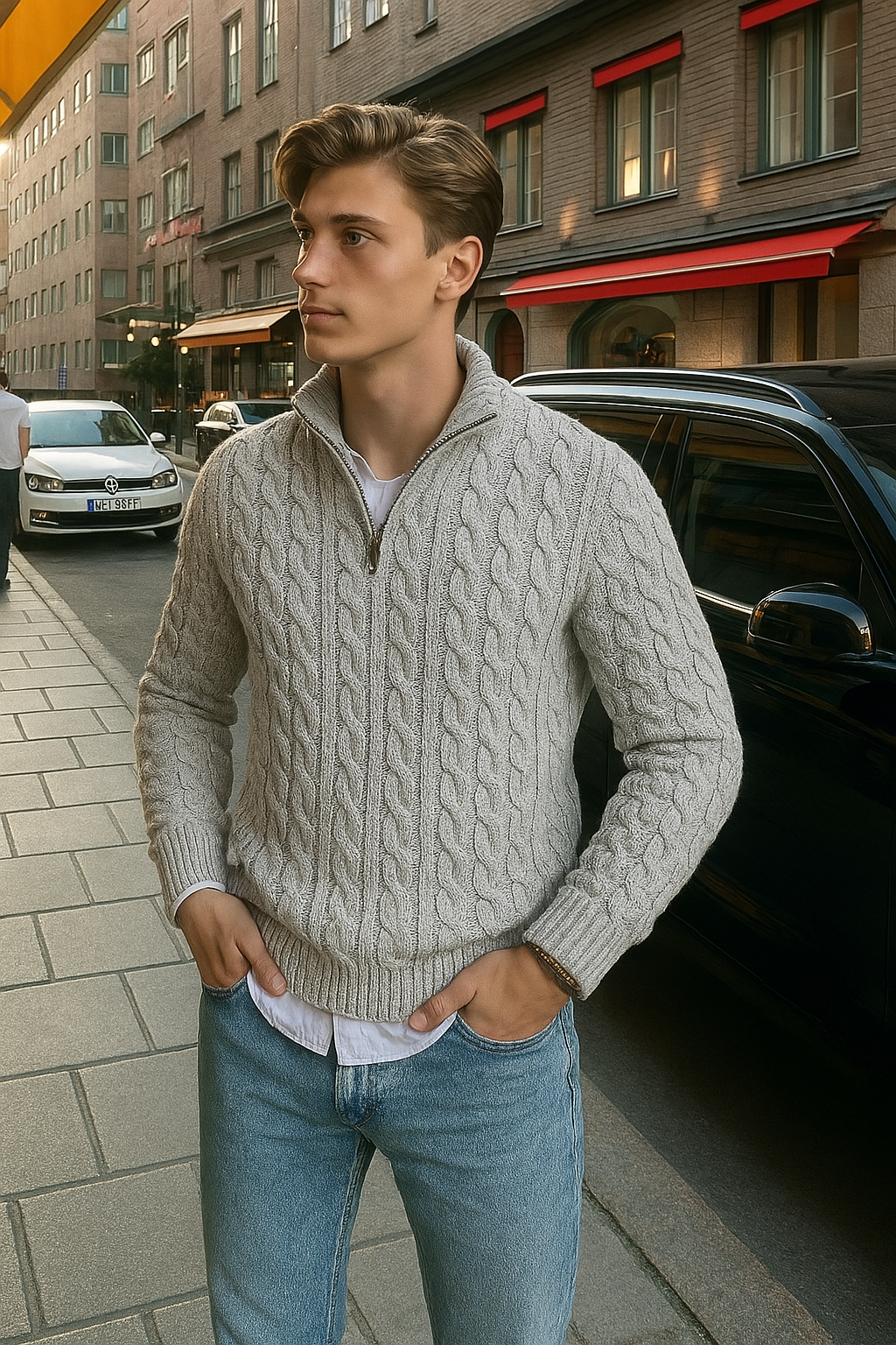 Men’s cashmere cable-knit half-zip sweater folded with ribbed collar and cuffs.