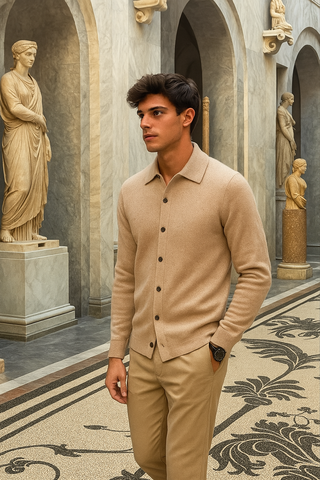 Men’s cashmere knit shirt with button front and spread collar.
