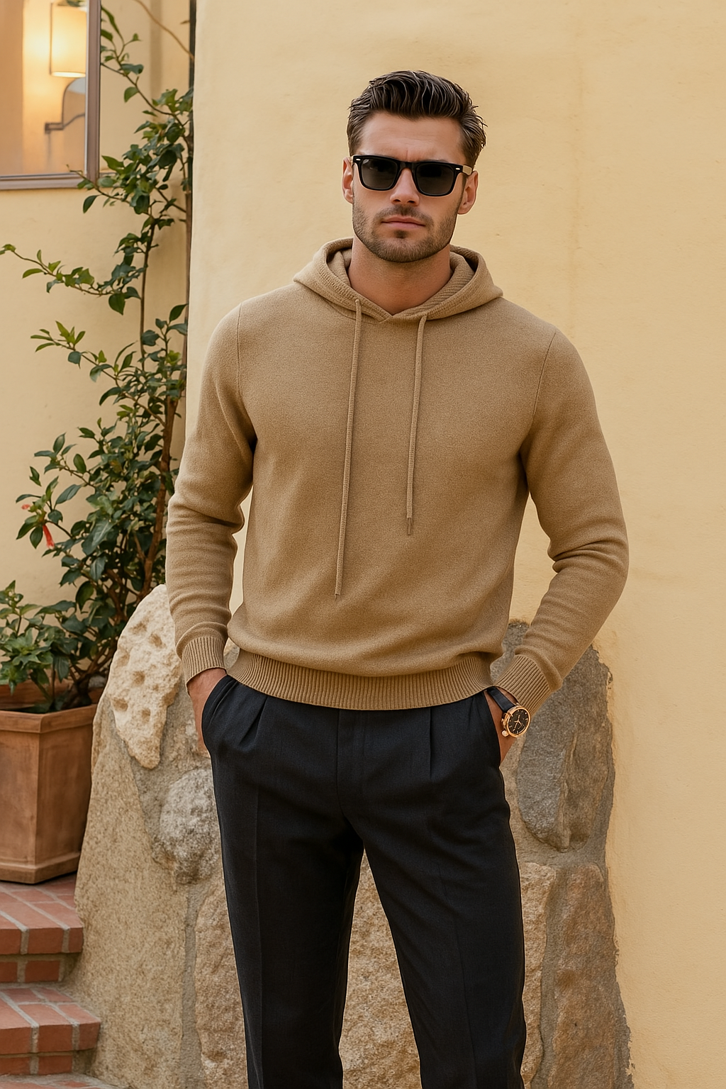 Men’s cashmere hoodie sweater with ribbed cuffs and drawstring hood.
