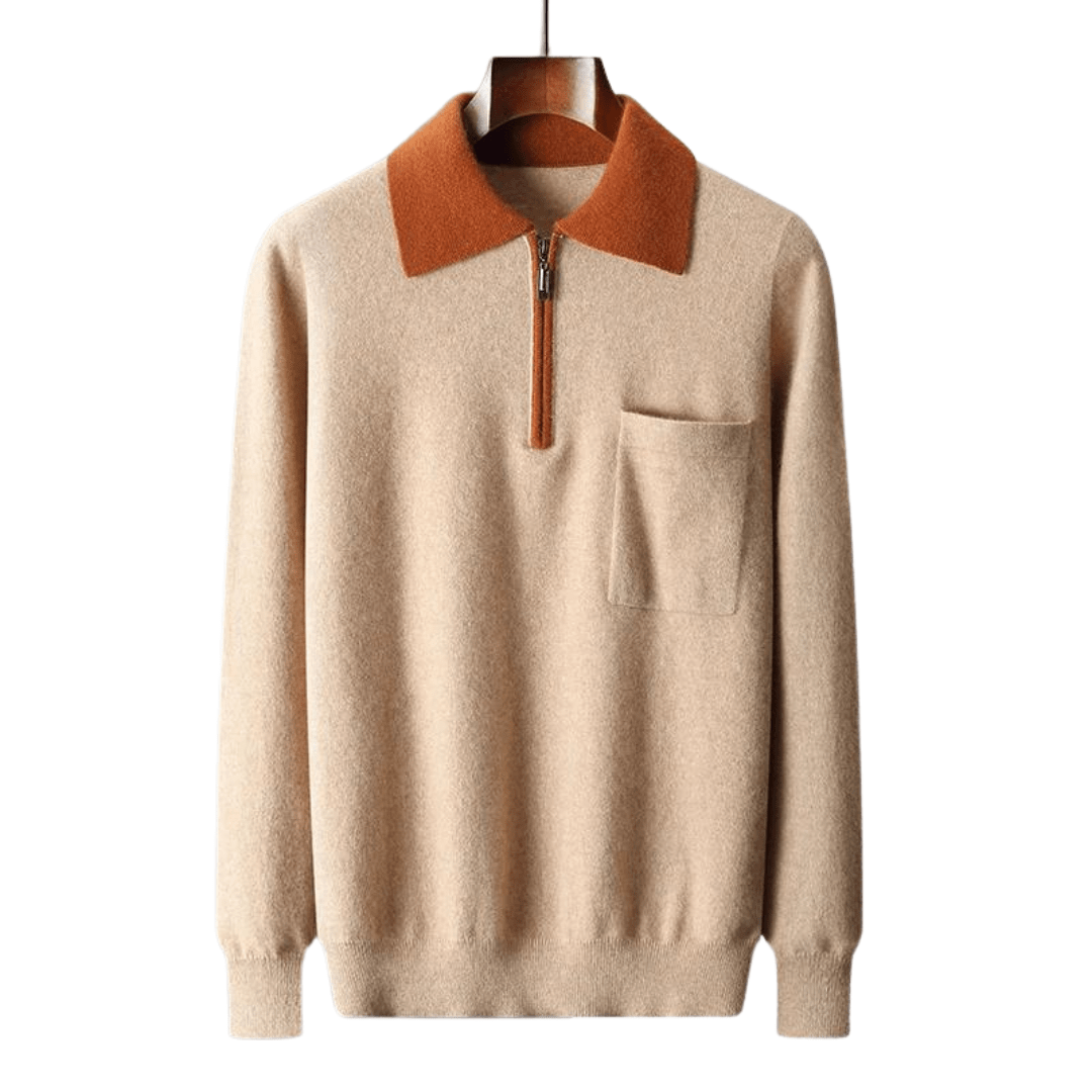 Men’s cashmere sweater with zip collar, chest pocket, and ribbed cuffs.