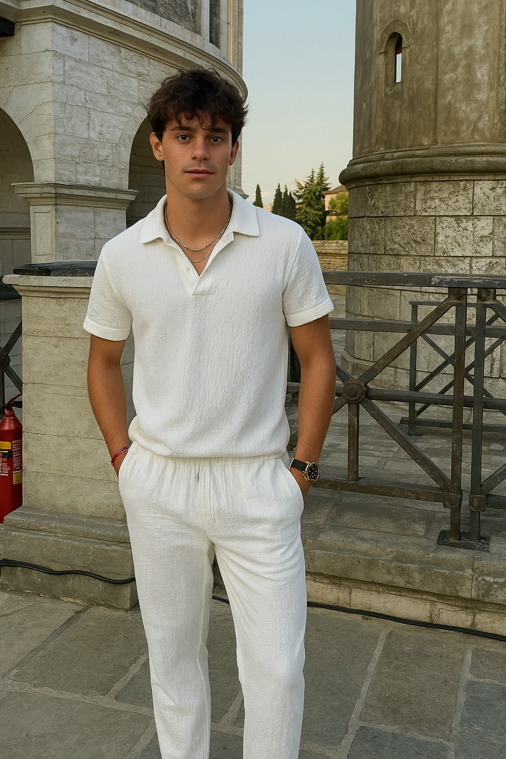 Two-piece men’s polo and pant set with a textured finish.