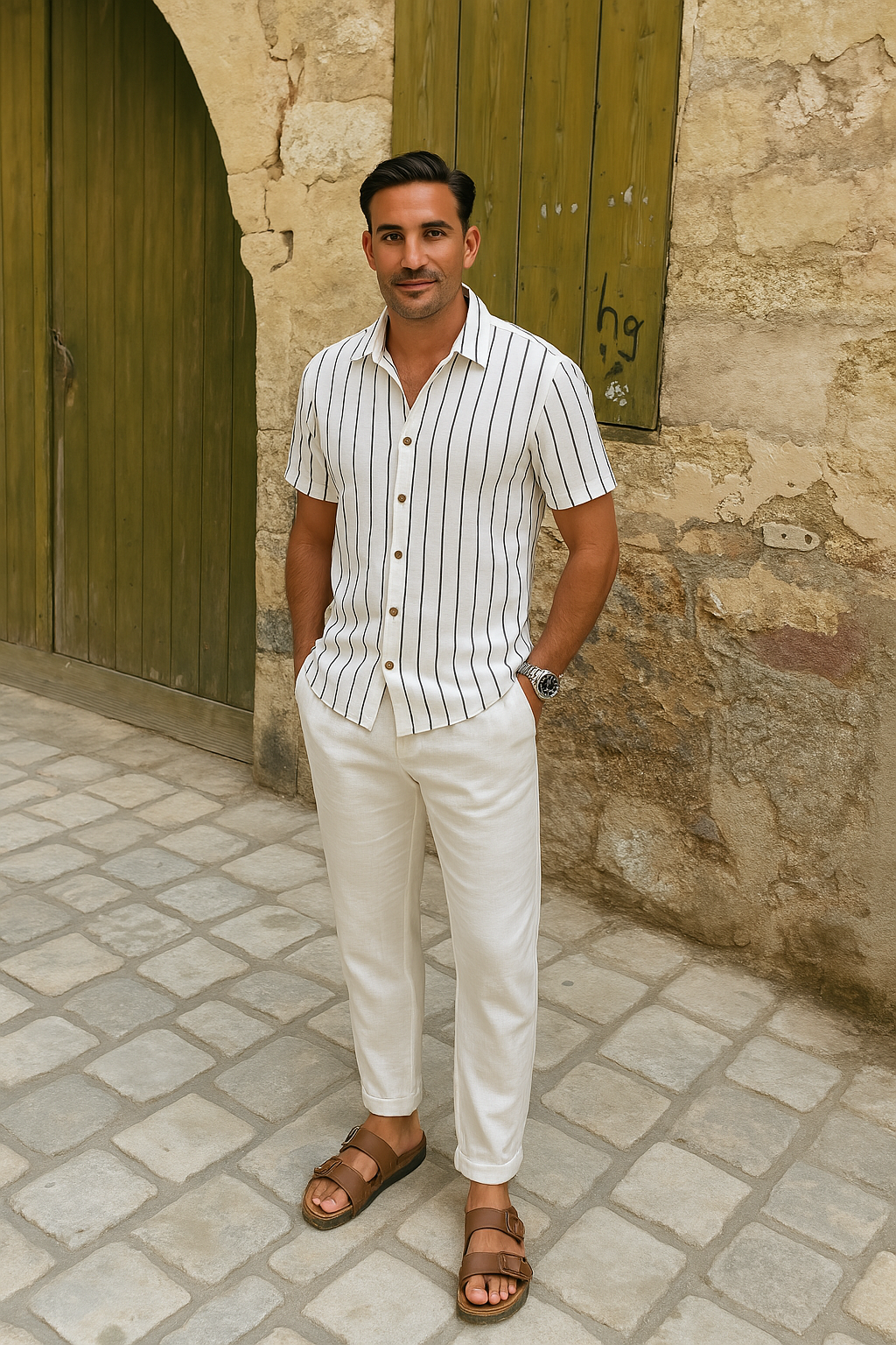 Men’s striped short-sleeve shirt and relaxed drawstring pant set.