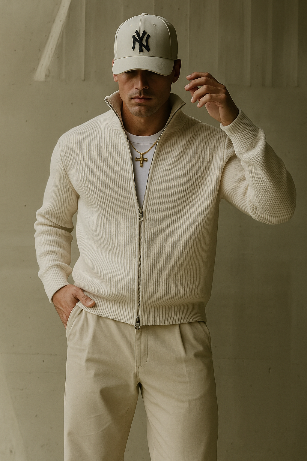 Men’s ribbed cashmere zip jacket folded with stand collar and full zipper.