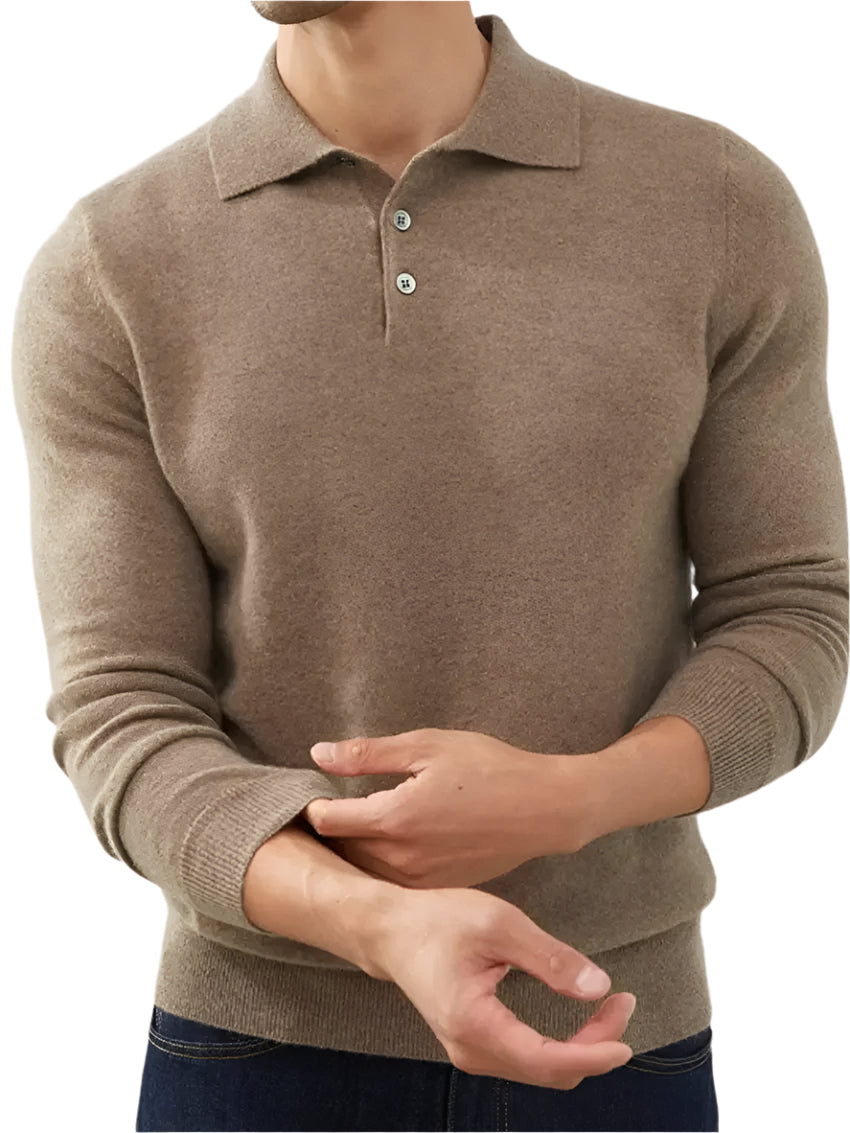 Light brown cashmere polo sweater with ribbed sleeves and button placket.
