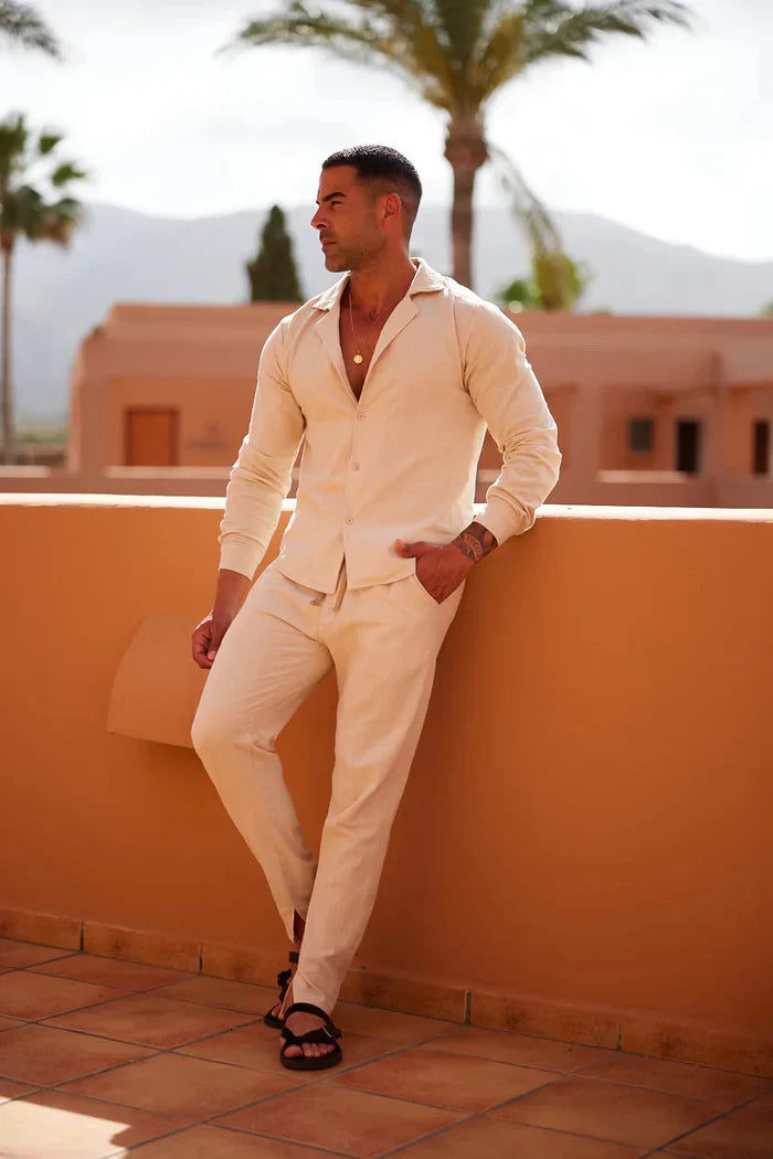 Linen lounge set featuring button-down shirt and drawstring trousers for men