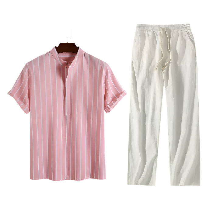 Men’s striped linen shirt and relaxed drawstring pants set.
