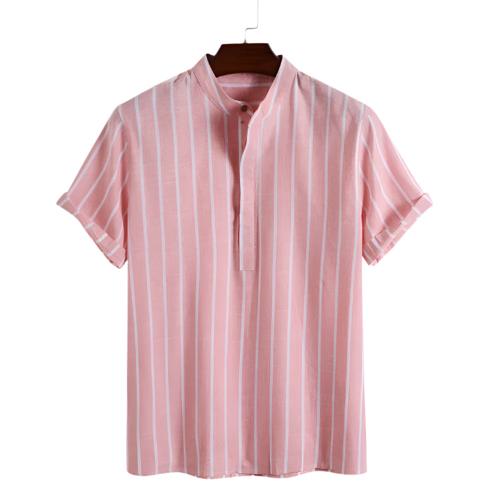 Men’s striped linen shirt and relaxed drawstring pants set.