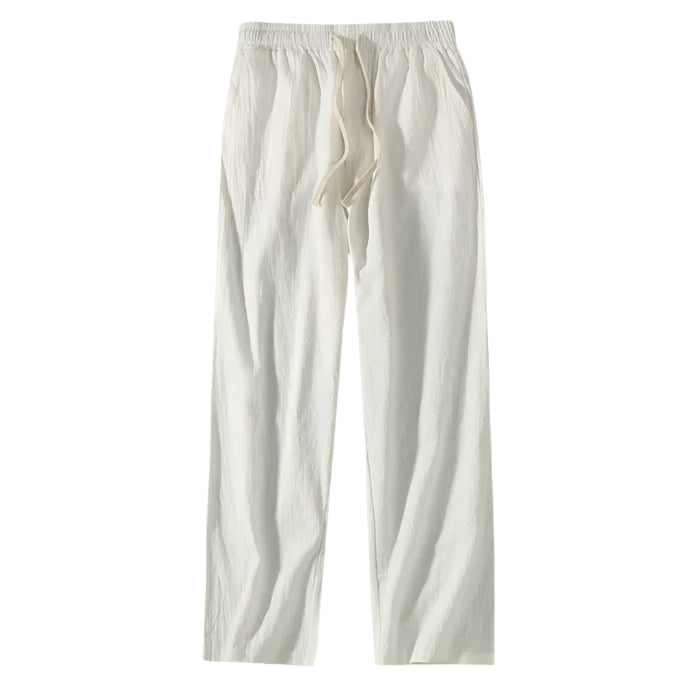 Men’s striped linen shirt and relaxed drawstring pants set.