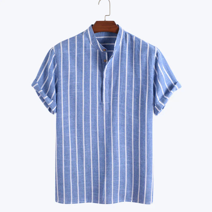 Men’s striped linen shirt and relaxed drawstring pants set.