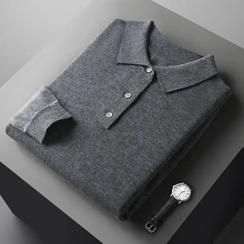 Men’s long sleeve cashmere polo shirt with buttoned cuffs and spread collar.