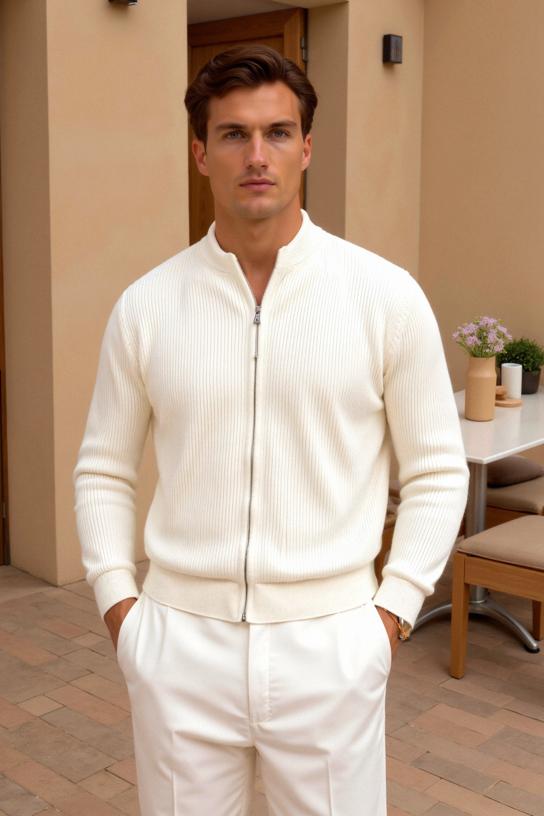 Men’s ribbed cashmere cardigan sweater with crewneck and button front.