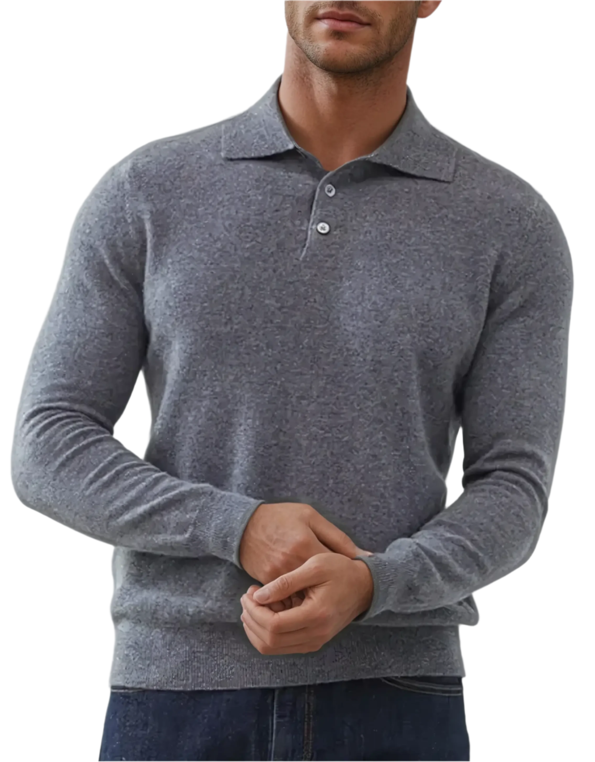Men’s gray cashmere polo sweater with ribbed cuffs and collar.
