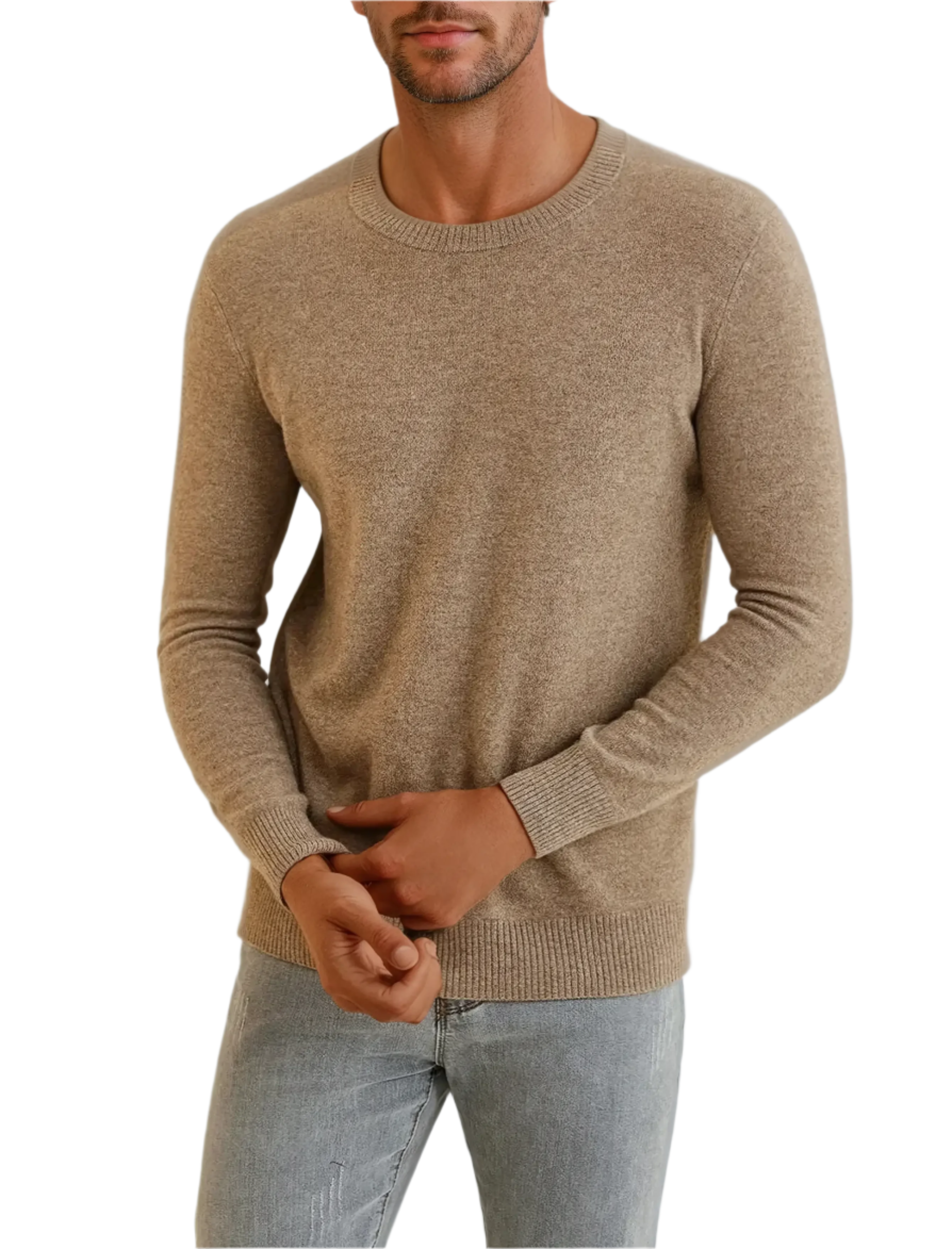 Men’s cashmere sweater with ribbed neckline, cuffs, and hem.